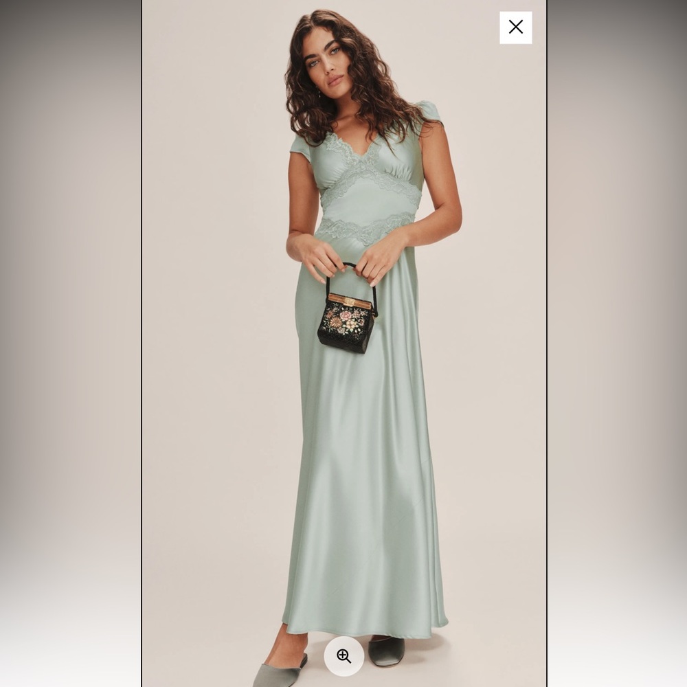 Reformation Noem Satin Dress Green - Size 6